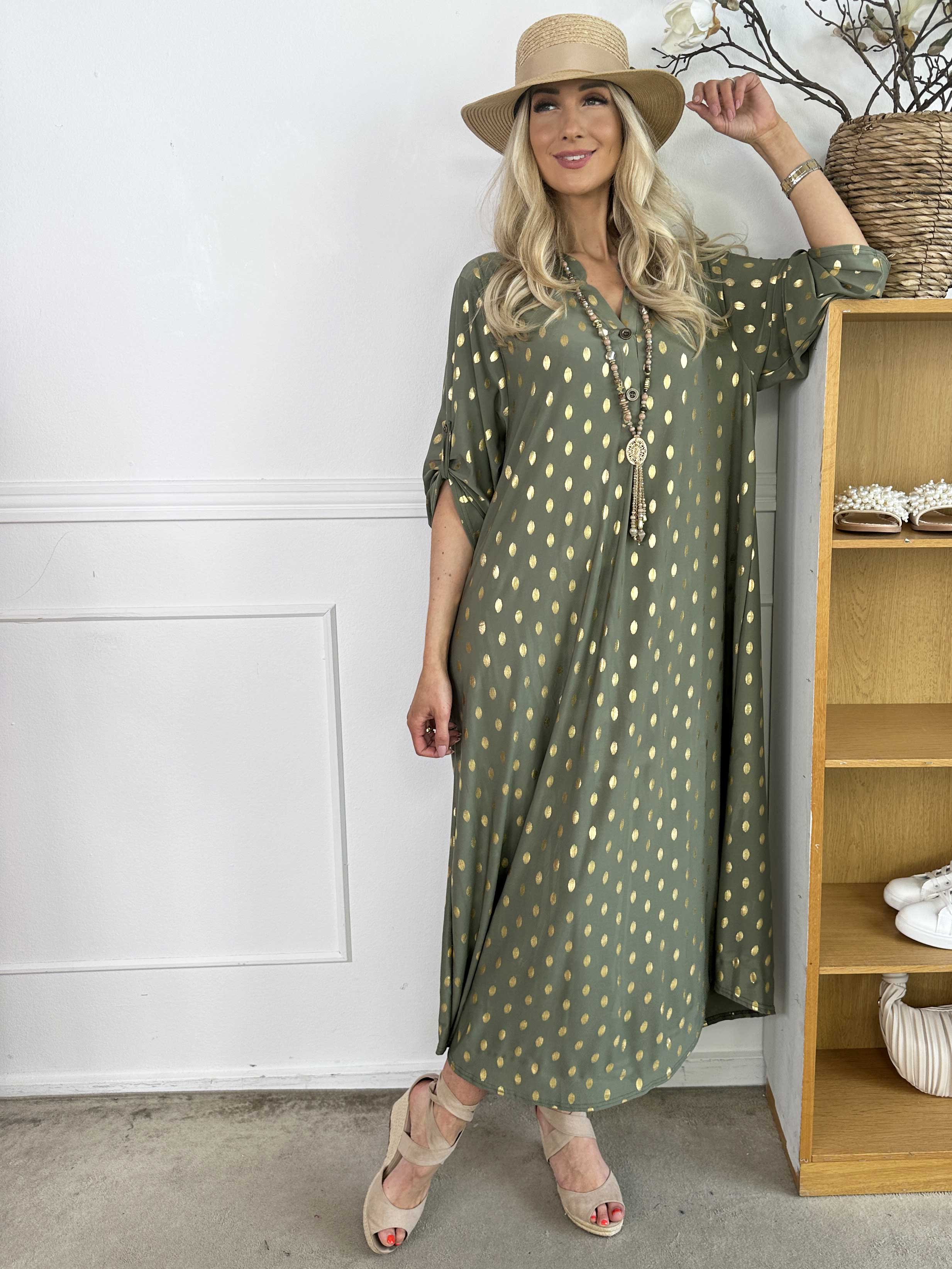 Ebba Gold Dress - Lång klänning med resår och guldprickar